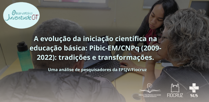 foto de duas mulheres e um homem olhando dados num notebook como fundo da chamada para matéria da pesquisa sobre a iniciação científica na educação básica no Brasil.