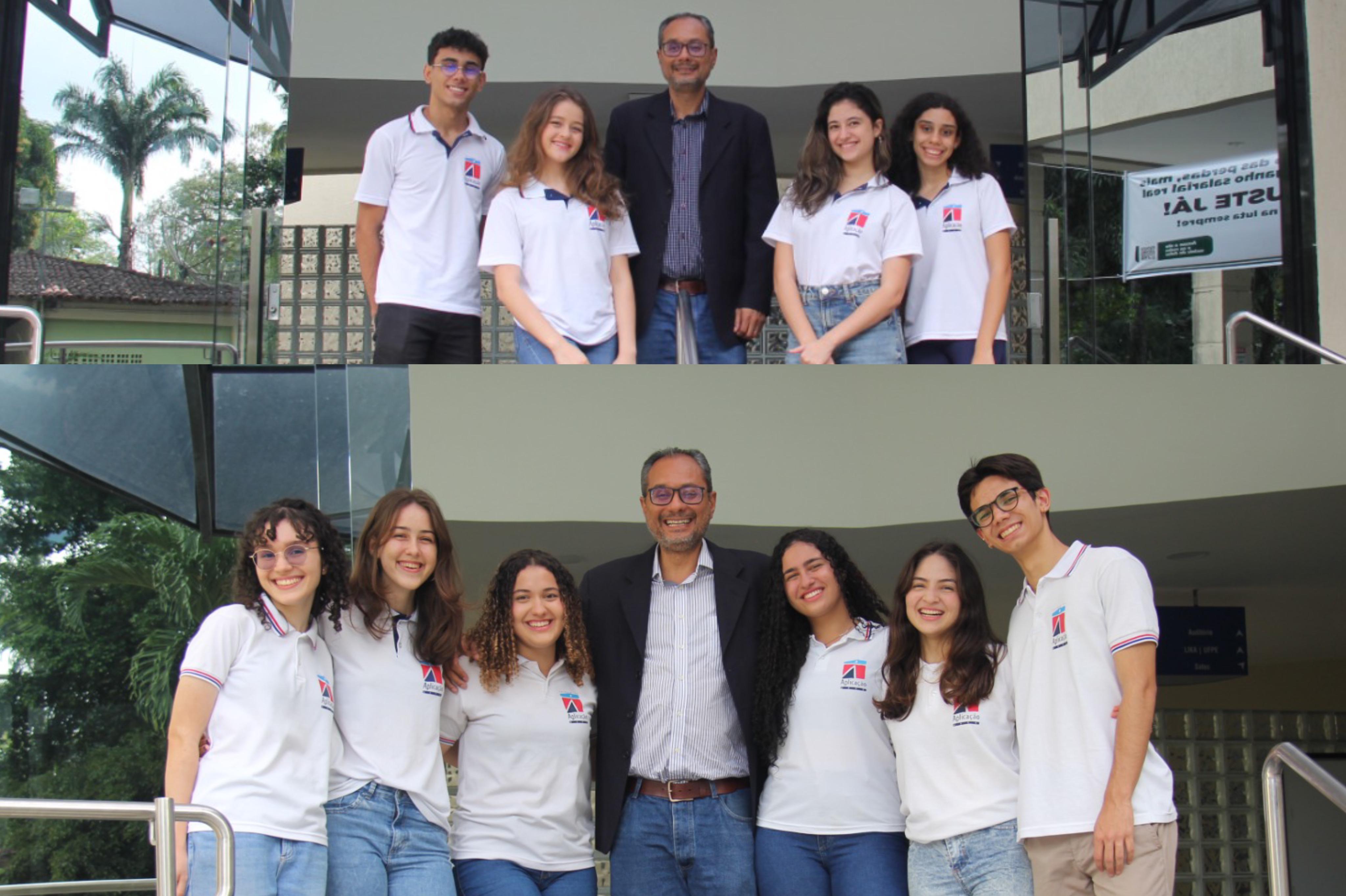 foto na frente da Fiocruz Pernambuco com dois grupos de estudantes e coordenalção do Provoc da regional.