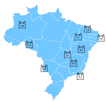 Mapa do Brasile em azul com marcação dos estados que têm unidades da Fiocruz com Provoc .