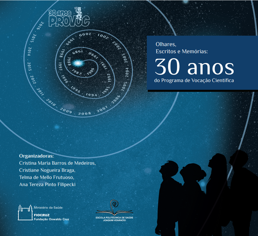 imagem em azul da capa do livro comemorativo de 30 anos do Provoc intitulado "Olhares, escritos e memórias: 30 anos de Programa de Vocação Científica.