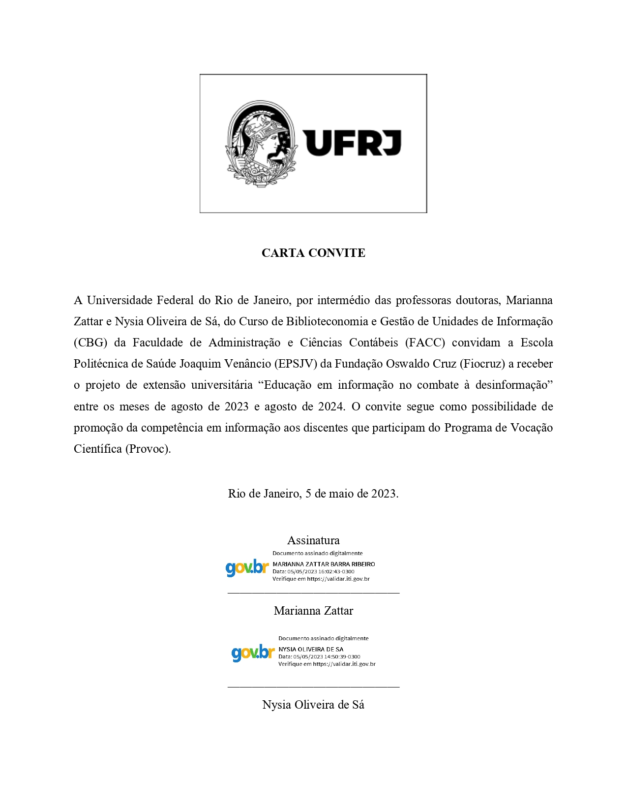 Carta que fala da parveria entre UFRJ e EPSJV sobre o curso para os estudantes do Provoc.